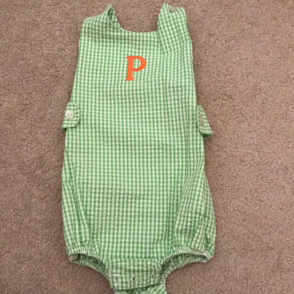 Green and white gingham romper-monogram letter P